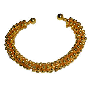 Gold Tone Beaded Texture Cuff Bracelet Statement Ball End Open Bangle